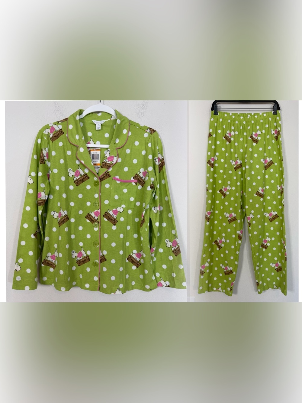 Charter Club 2 Piece Pajama Set Scottie Dog Polka Dot Green NWT Size Small